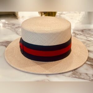 Straw Boater Hat with Red & Navy Band.